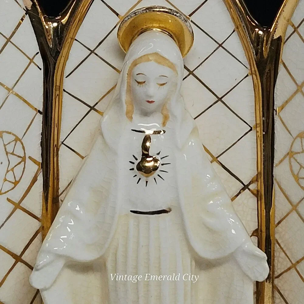 Vtg Geo Z Lefton 3D Virgin Mary Sculpture Wall Pocket Planter Ivory Gold Japan